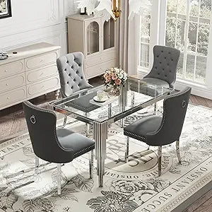 5 Piece Glass Dining Table Set for 4, 53" Rectangle Kitchen Table with 4 Gray Velvet Upholstered Chairs, Tempered Glass Tabletop
