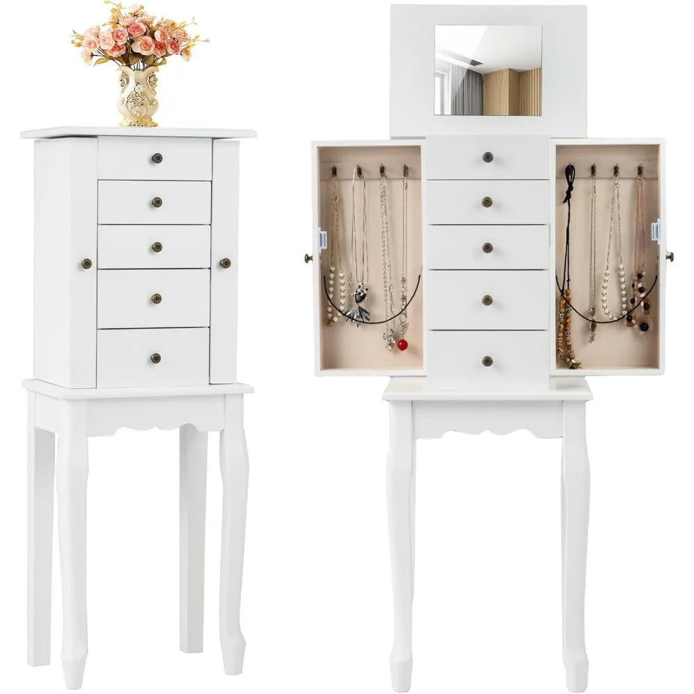 White Standing Jewelry Armoire Cabinet with 4 Drawers Flip Top Mirror Top Compartments 2 Side Doors 8 Necklace Hooks Freestandin