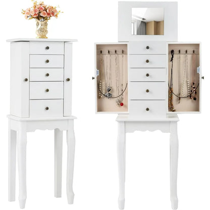 White Standing Jewelry Armoire Cabinet with 4 Drawers Flip Top Mirror Top Compartments 2 Side Doors 8 Necklace Hooks Freestandin