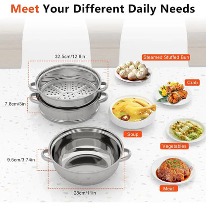 11Inch Steamer for Cooking, Stainless Steel Food Steamer Basket 3 Tier Vegetable Steamer Pot with Lid and Handle, polished
