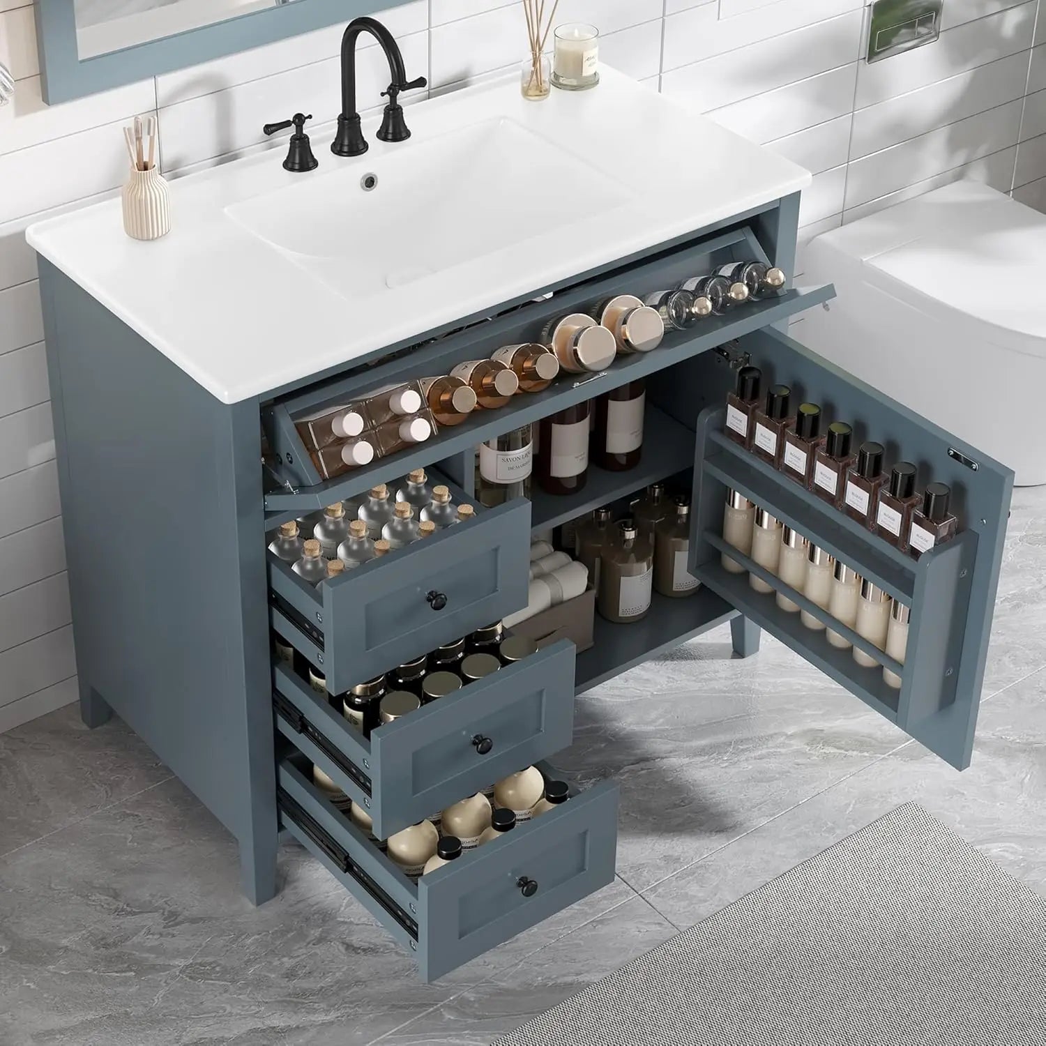 36" Free Standing Bathroom Vanity with Sink, Tip-Out Drawer &amp; 3 Drawers &amp; 2 Doors, Wood Cabinet with Ceramic Basin, Customized