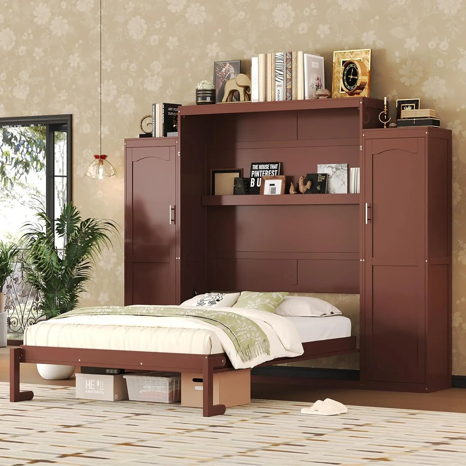 Queen Murphy Bed Wood Wall Bed with 2 Closets &amp; Storage Shelf Foldable Platform Frame for Guest Room Bedroom Walnut, Customized