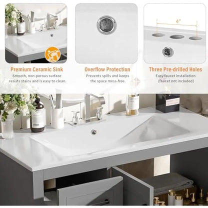 36 Inch Rectangular Bathroom Vanity with Integrated Ceramic Sink Overflow Protection Soft Close Cabinet Doors Three Tier Storage