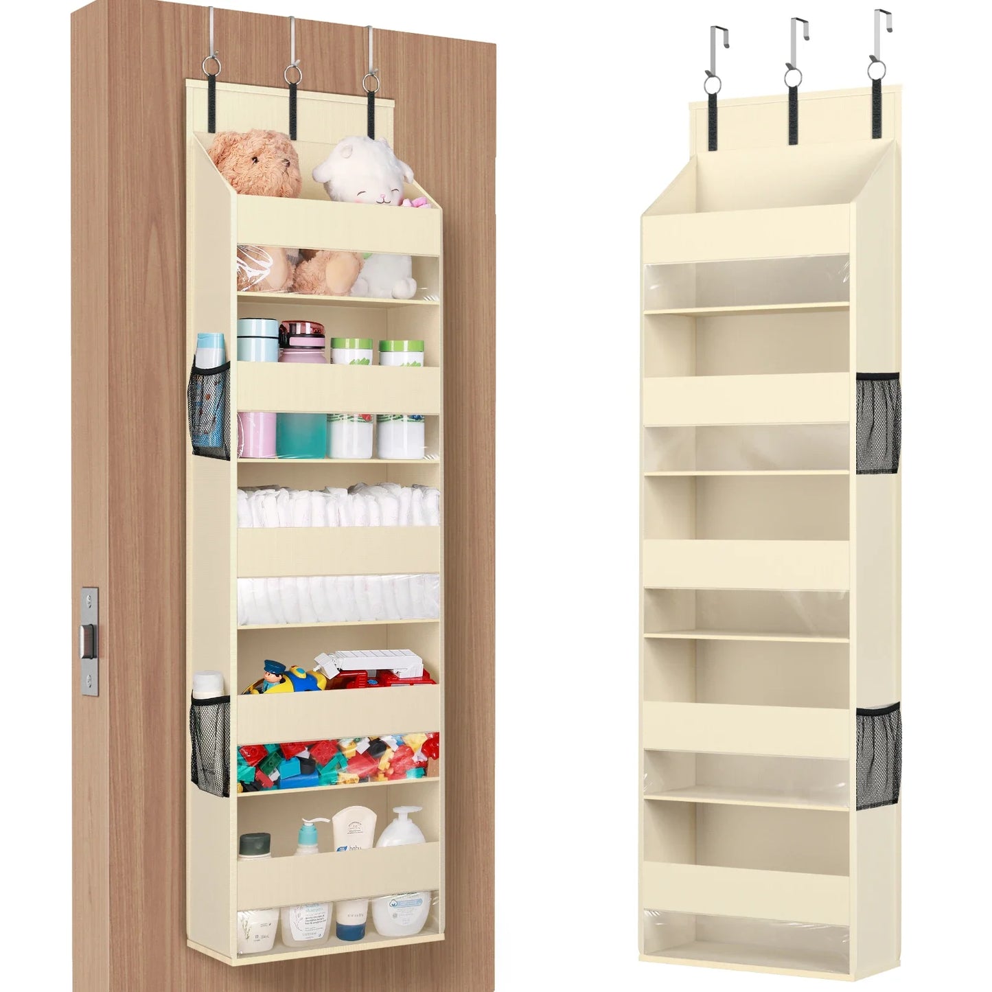 Over the Door Organizer, 5 Shelf Clear Window Hanging Storage with 4 Mesh Side Pockets, Anti Tilt 40 lbs Load Behind Door