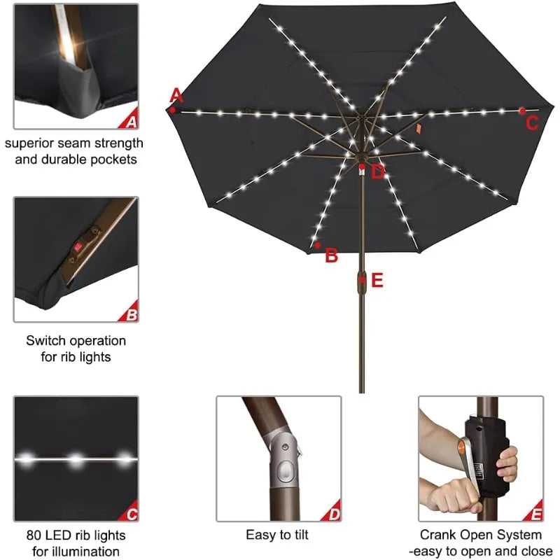 USA 10-Year-Non-Fading Solar 9ft 3 Tiers Market Umbrella with 80 LED Lights Patio Umbrellas Outdoor Table with Ventil