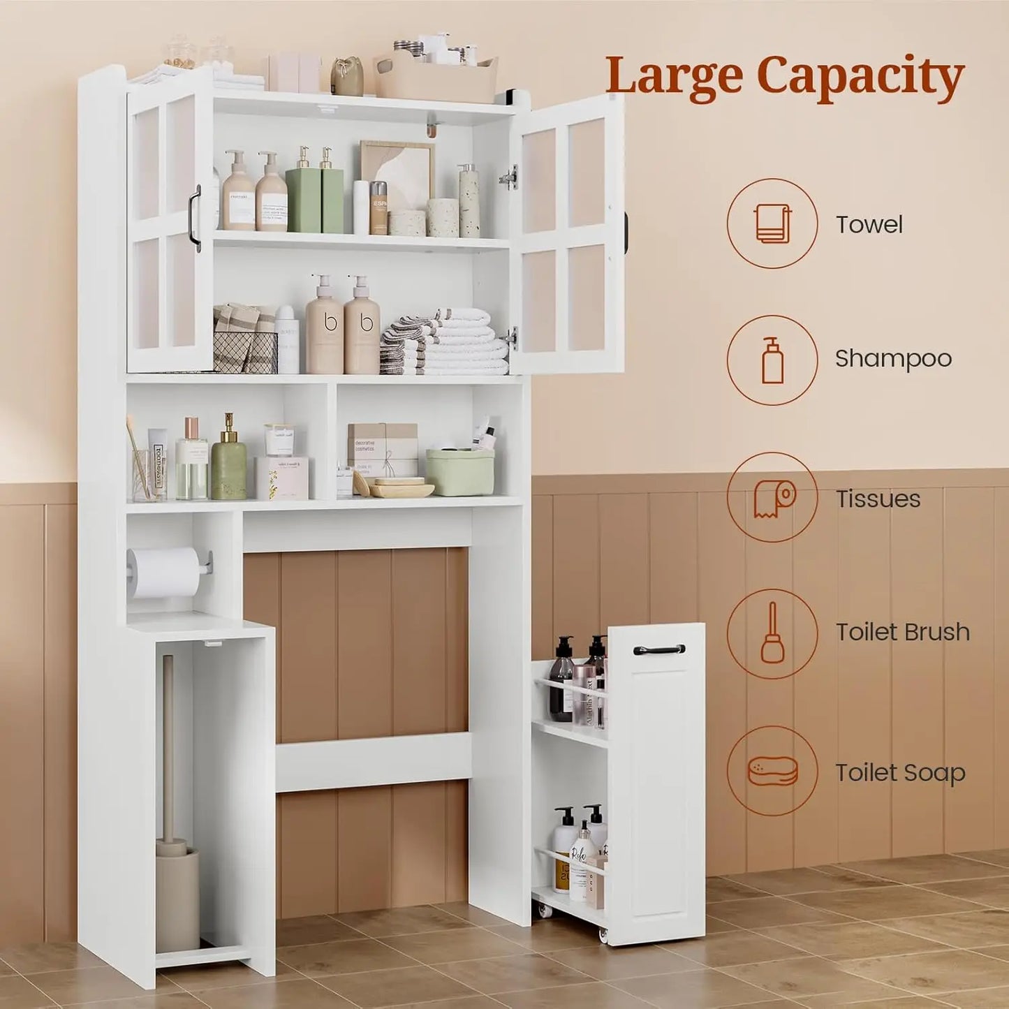 Over Toilet Storage Cabinet with Adjustable Shelves, Glass Doors & Pulley System - Space Saving Bathroom Organizer