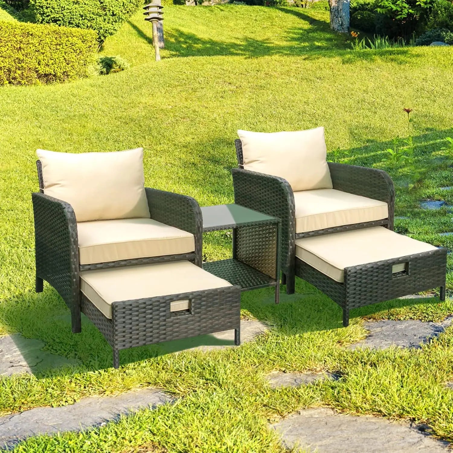 Balcony Furniture 5 Piece Patio Conversation Set, PE Wicker Rattan Outdoor Lounge Chairs with Soft Cushions 2, Customized