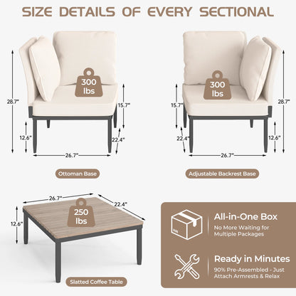 Outdoor Sectional 5 in 1 Aluminum Patio Loveseat with Coffee Table Garden Furniture Set Waterproof Cushion Wicker Sofa
