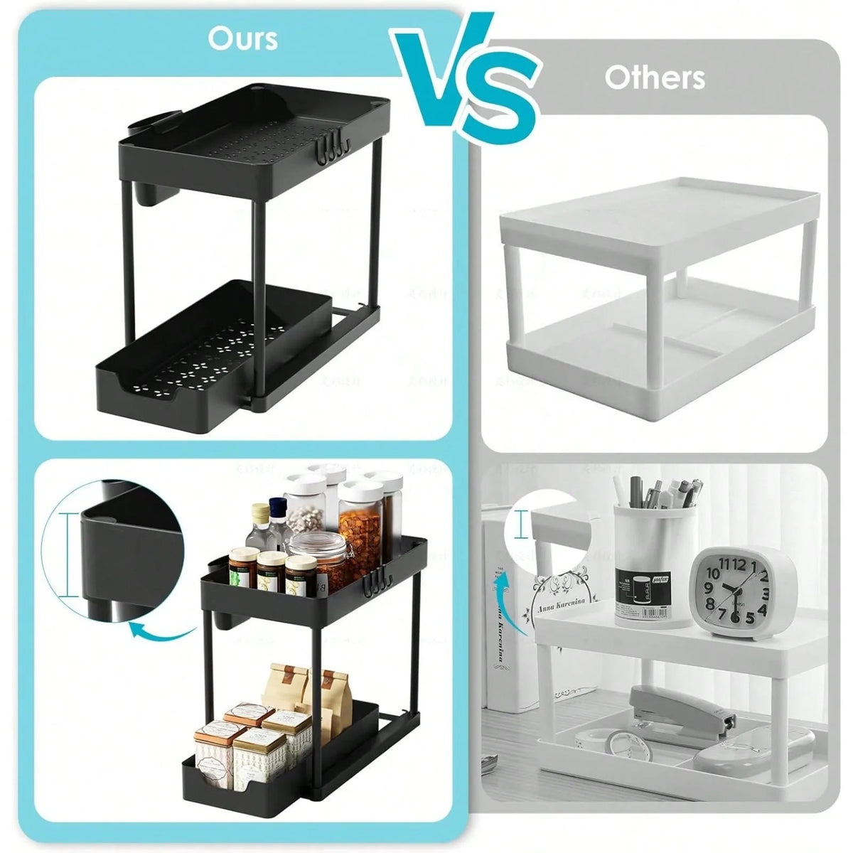 2-Pack/1-Pack 2 Under Sink Organizer 2 Tier Pull Out Sliding Cabinet Storage Rack for Your First Solo Apartment, H Shaped Design Fits Around Pipes, Smooth Glide Bottom Drawer, No Tools Assembly, Heavy Duty Metal.