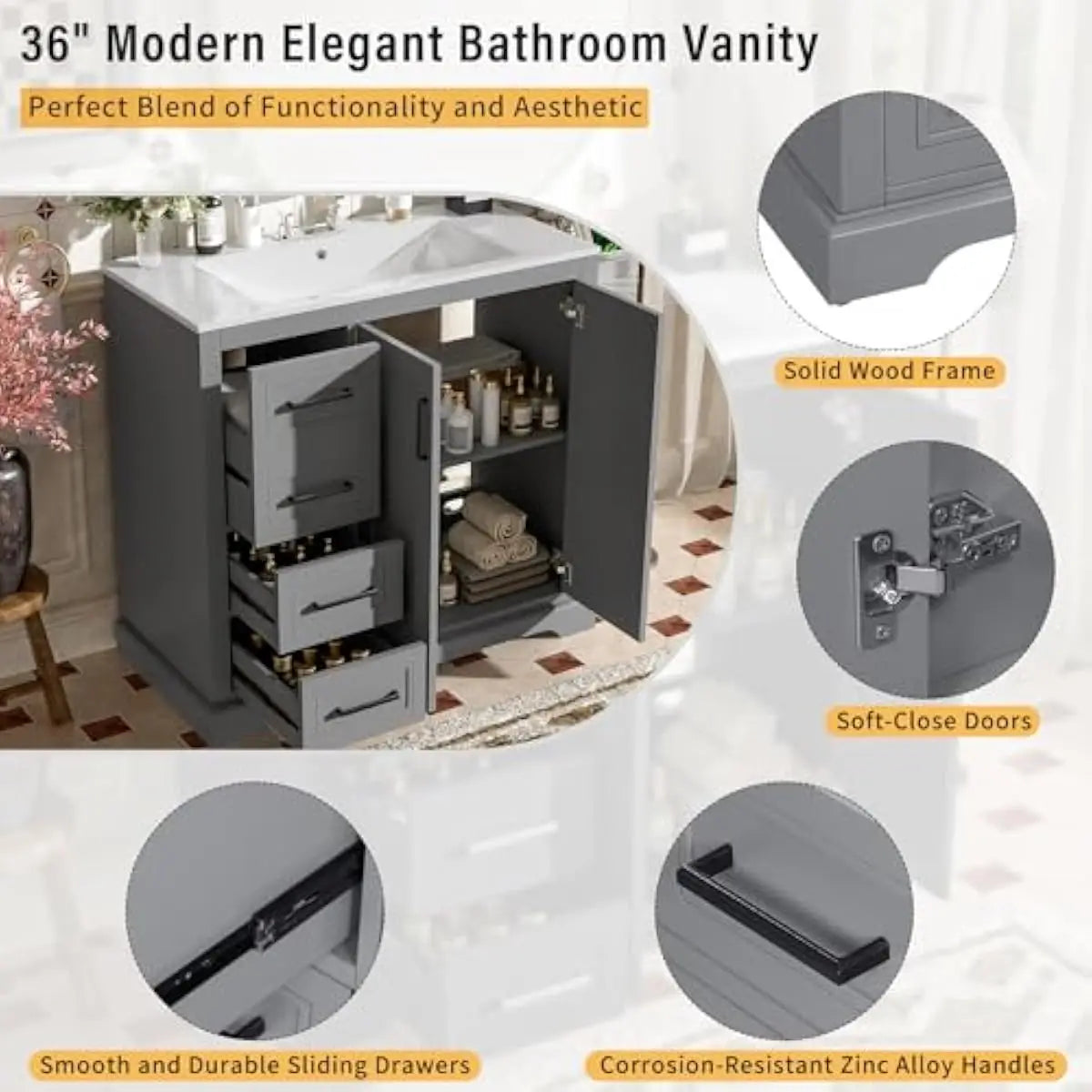 36 Inch Rectangular Bathroom Vanity with Integrated Ceramic Sink Overflow Protection Soft Close Cabinet Doors Three Tier Storage