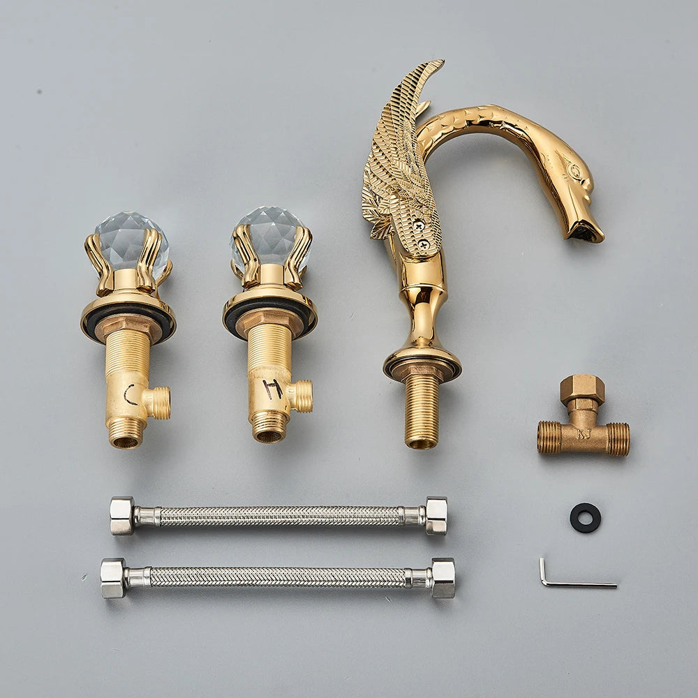 Rozin Gold Swan Basin Faucet Luxury Deck Mounted Dual Crystal Handle Bathroom Mixer Tap Cold and Hot Water Mixer Faucet