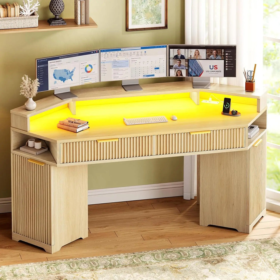 Computer Desk with 2 Drawers, Small Diamond Office Desk with Storage Cabinet for Small Space, Gaming Desk with LED, Customized