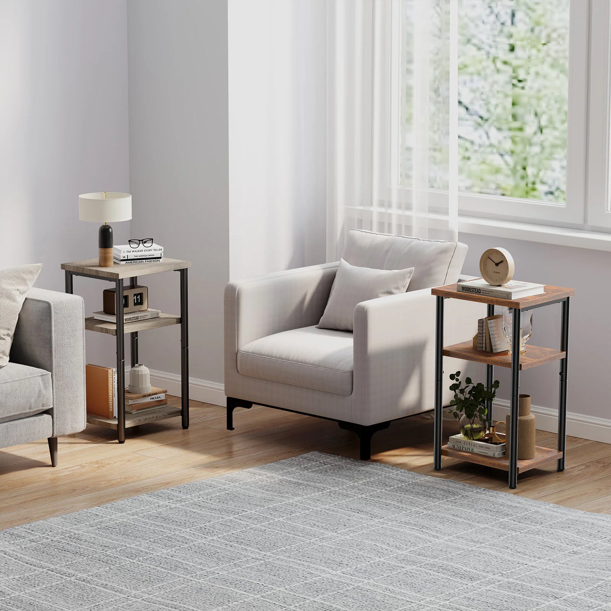 MCQ 3 Tier End Table Set of 2 Living Room Coffee Tables Storage Shelf Nightstand with Adjustable Feet For Tea Dining Tables