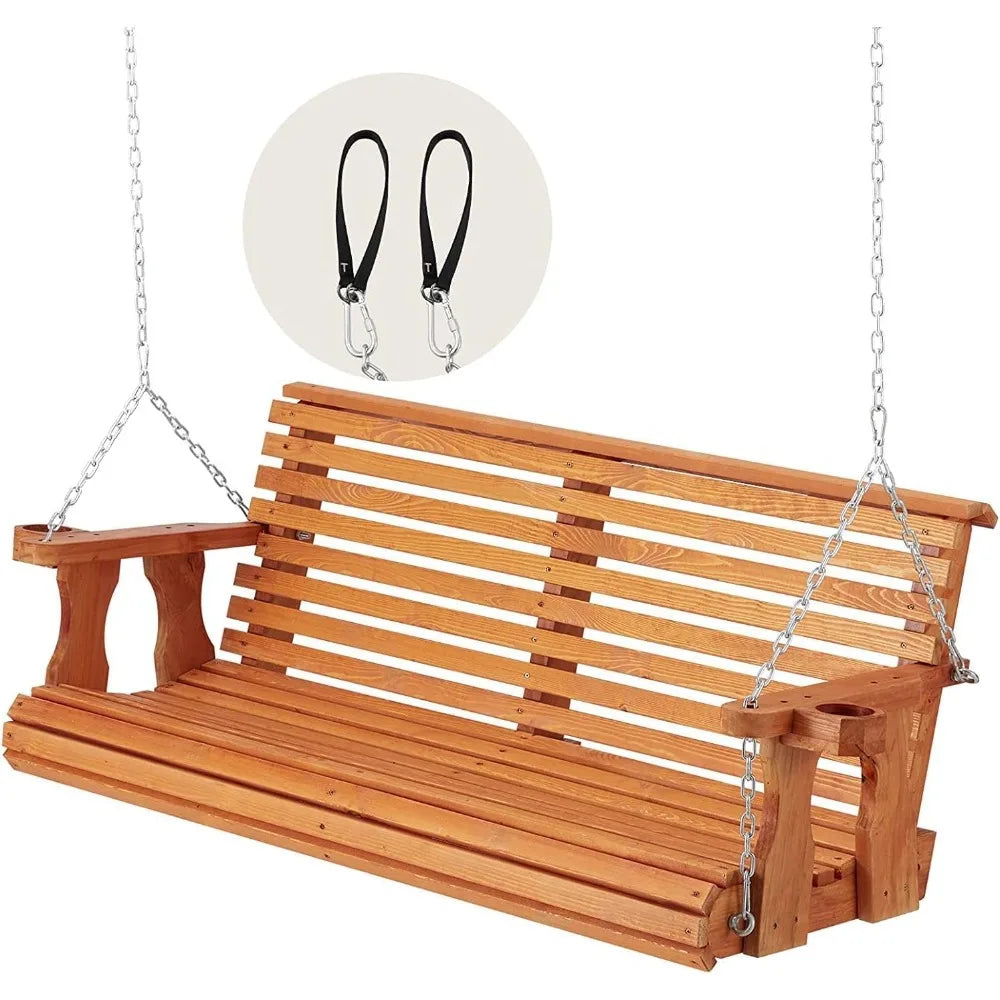 Wooden Porch Swing with Cup Holders and Chains, 880 lbs Capacity Outdoor Swing Chair Bench for Courtyard and Patio