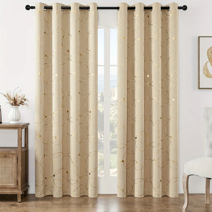 2Pcs Golden Wave &amp;Circle Blackout Curtains Thermal Insulated Light Filtering Drapes with Grommet Top  Living Room Bedroom