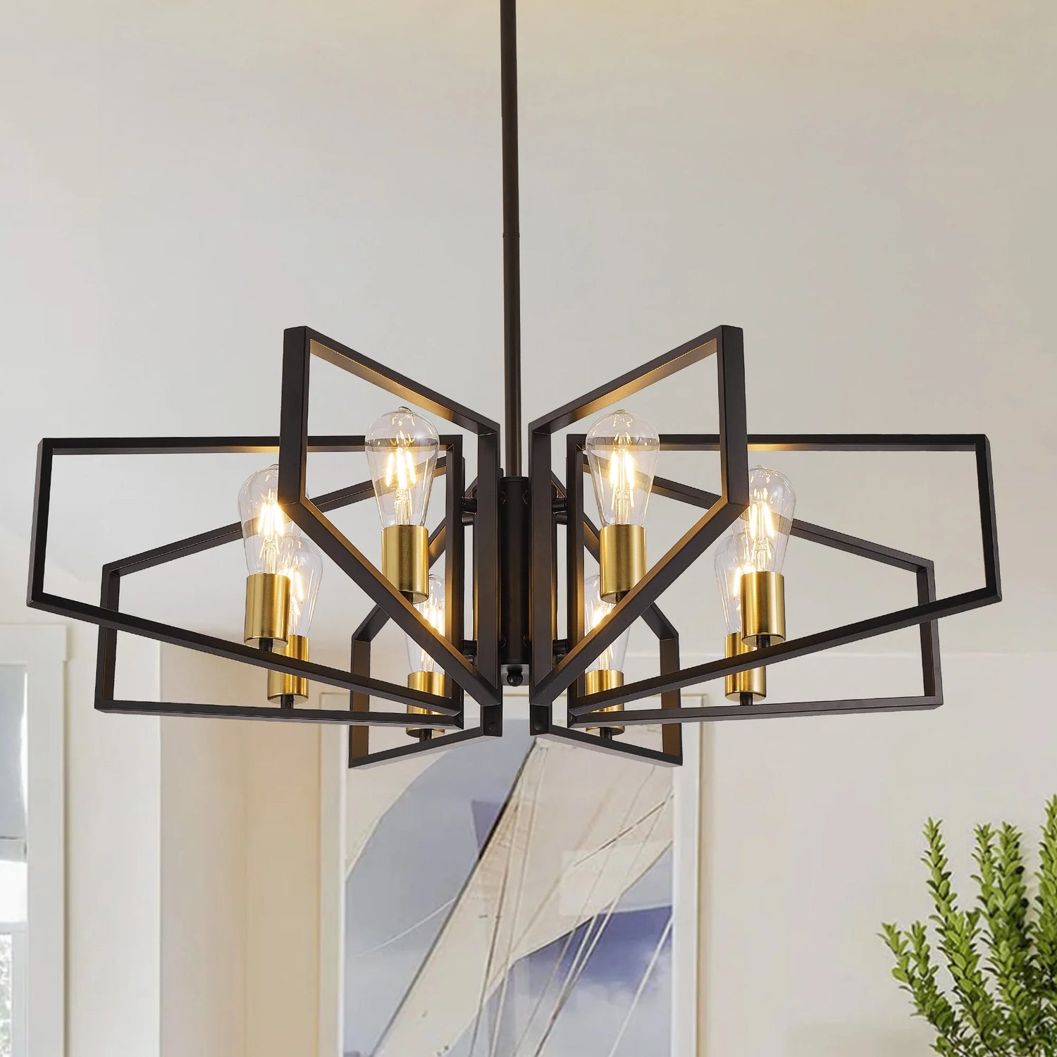 Modern 8-Light Geometric Chandelier Adjustable Height Metal Pendant Light with Black Frame &amp; Golden Accents Ceiling Light Decor