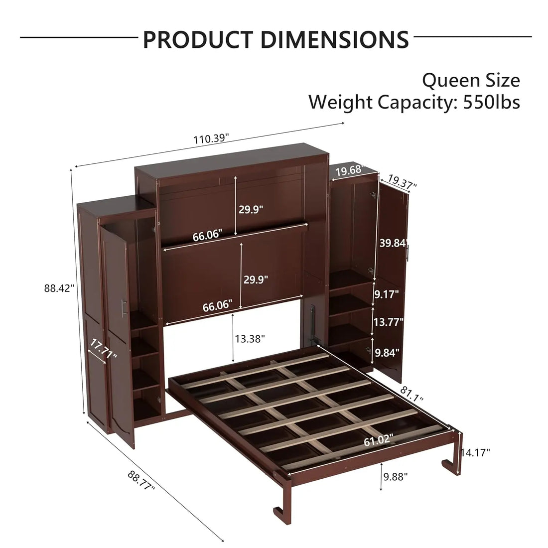 Queen Murphy Bed Wood Wall Bed with 2 Closets &amp; Storage Shelf Foldable Platform Frame for Guest Room Bedroom Walnut, Customized
