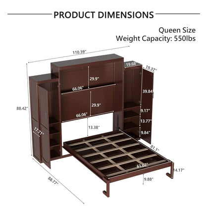 Queen Murphy Bed Wood Wall Bed with 2 Closets &amp; Storage Shelf Foldable Platform Frame for Guest Room Bedroom Walnut, Customized