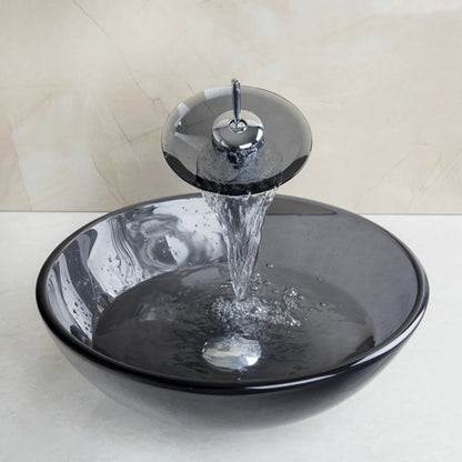 MEKKHALA Tempered Glass Vessel Sink With Waterfall Faucet Mixer
