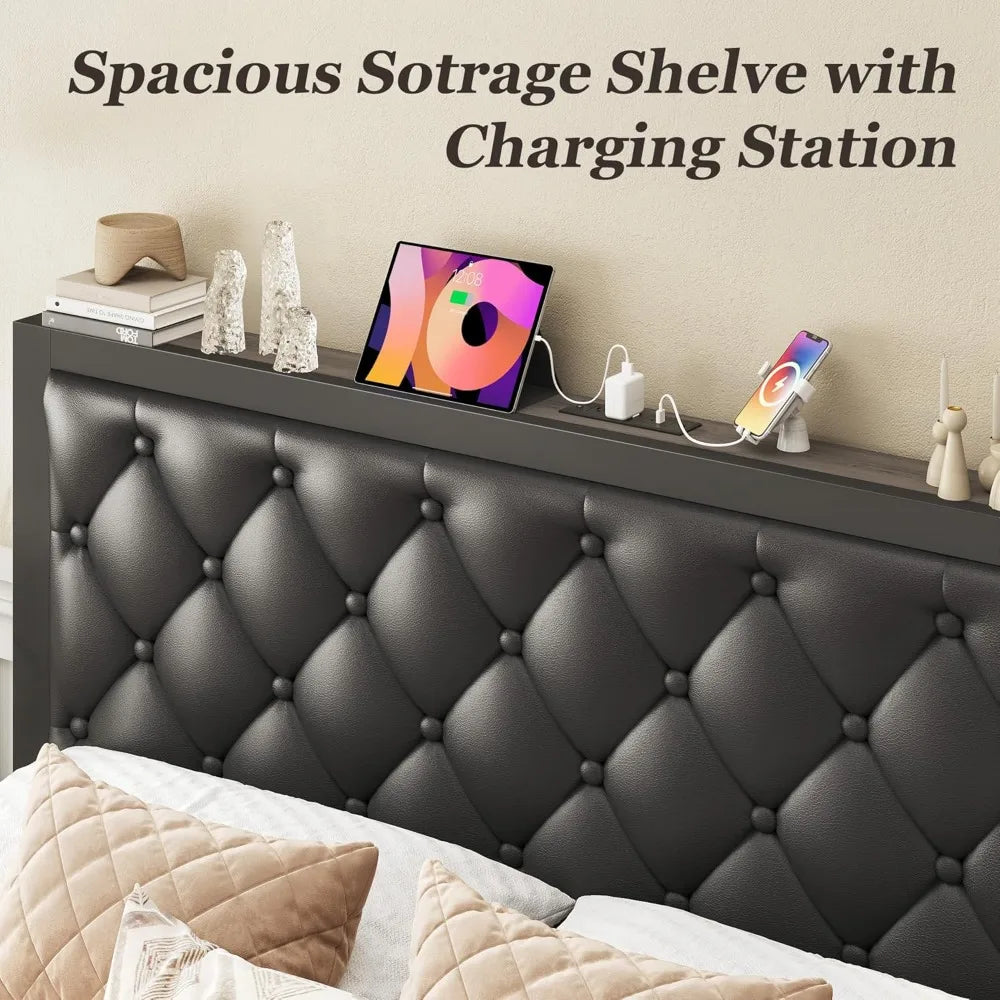 High-concerned Upholstered Bed Frame With 2 Storage Drawers And Charging Station