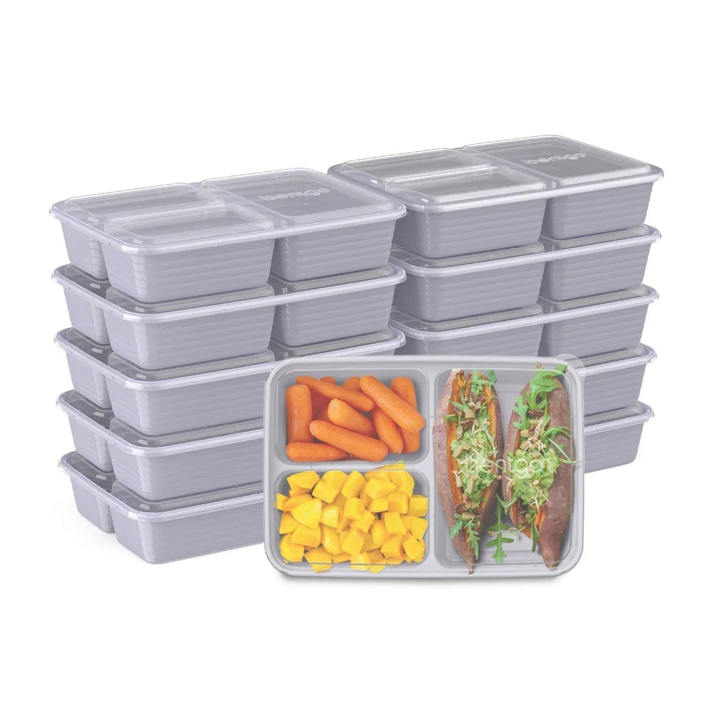 20-Piece Meal Prep Kit 3-Compartment Storage Containers with Lids Stackable Microwave Safe Reusable BPA-Free Healthy Portion