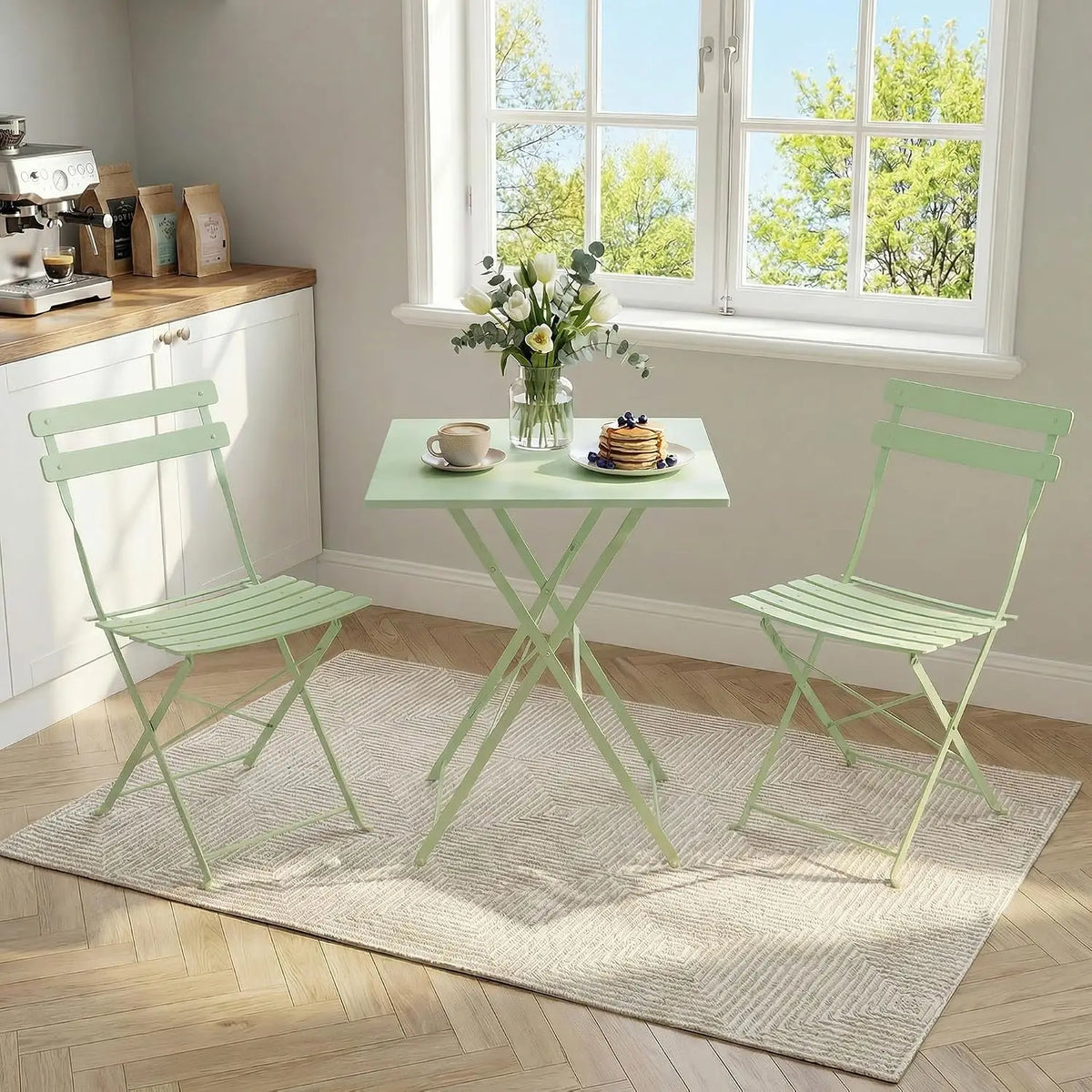 Space-Saving Collapsible Metal Bistro Set, 3-Piece Patio Table and 2 Chairs, Weather-Resistant, No Assembly, Compact for Balcony, Porch, Deck, Garden, Indoor, Outdoor