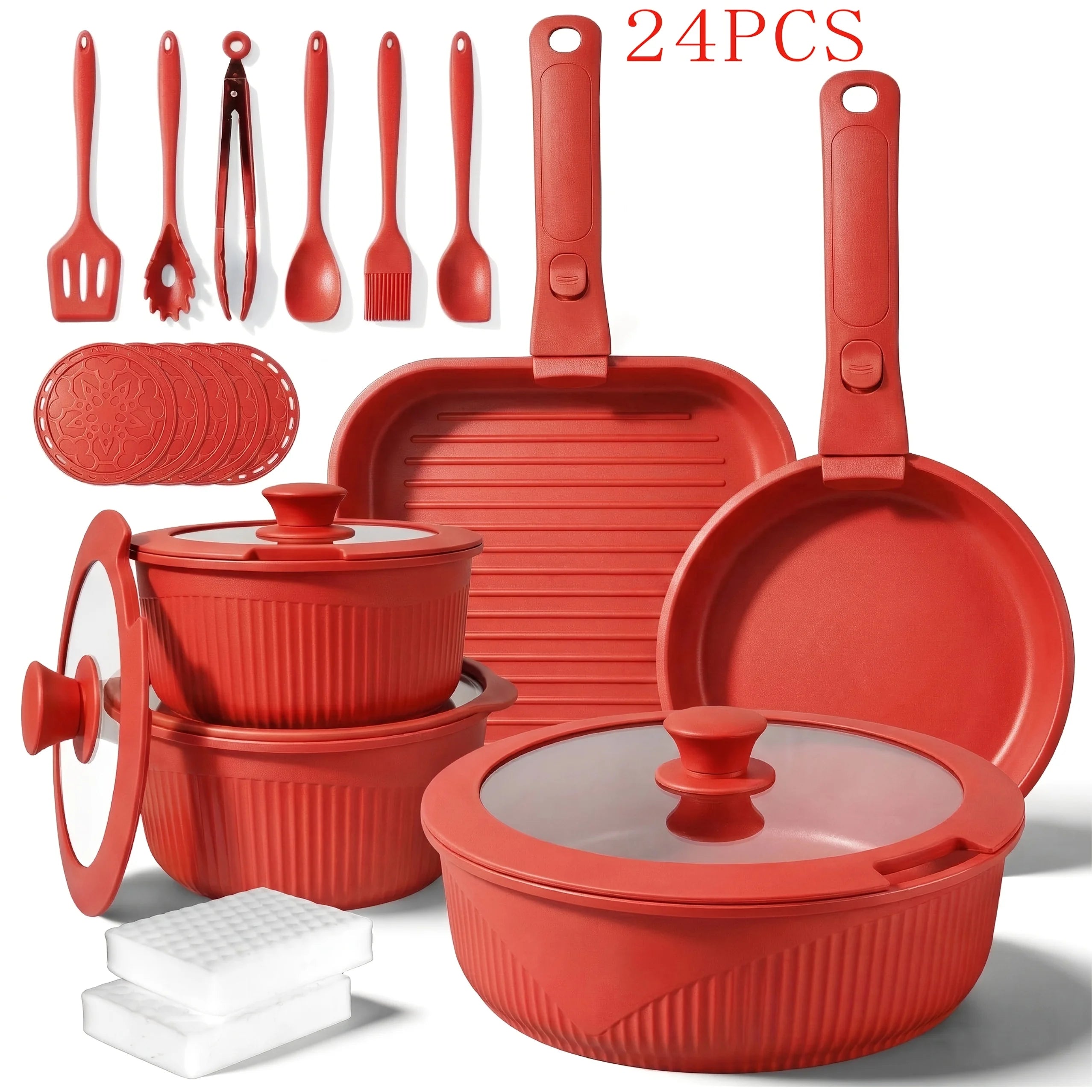 24pcs/7pcs/5pcs Cookware Set Non-Stick Pots &amp; Pans Induction-Ready Kitchen Cookware Set Includes Skillet/Frying Pan/Soup Pot/Ste