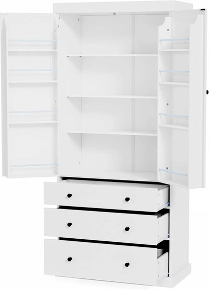 77 Inch Farmhouse Kitchen Pantry, Wood Storage Cabinet with Adjustable Shelves, Door Shelves, Drawers for Kitchen Dining Room