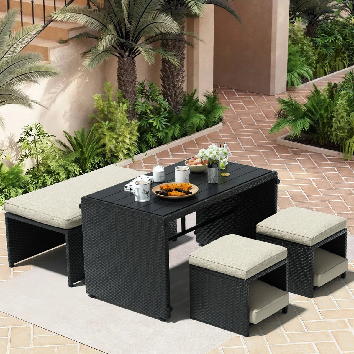 4/3 Pieces Convertible Multi-layout PE Rattan Loveseat Patio Furniture with 2 Storage Ottomans, All Weather Soft Cushioned Outdoor Furniture Sofa Set, Flexible Outdoor Patio Furniture Set for Patio Garden Balcony