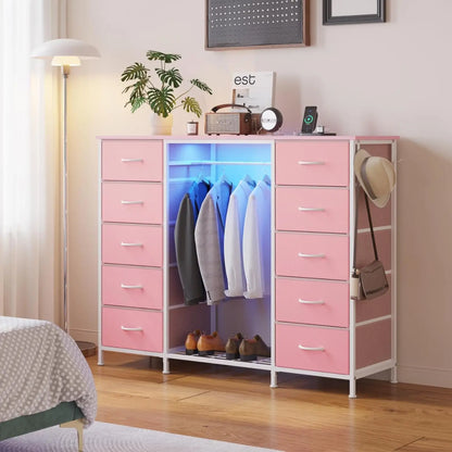 2-in-1 Dresser with Hanging Rack, 10 Drawers Dresser for Bedroom,Dressers with Fabric Drawers,LED Lights, Charging Station