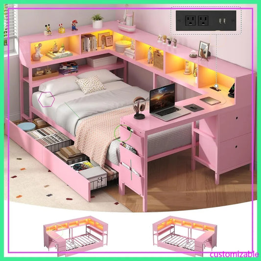 Twin Corner Bed with Desk, Storage & LED Lights - Pink Modern Teen Platform Frame