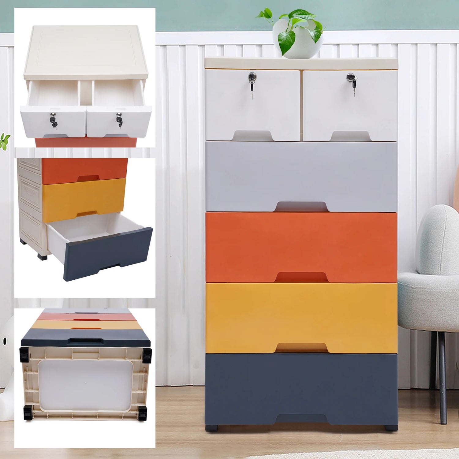 5-Tier Dresser Drawer Multi-Usage W/ Two Locks Bedroom Plastic Clothes Cupboard