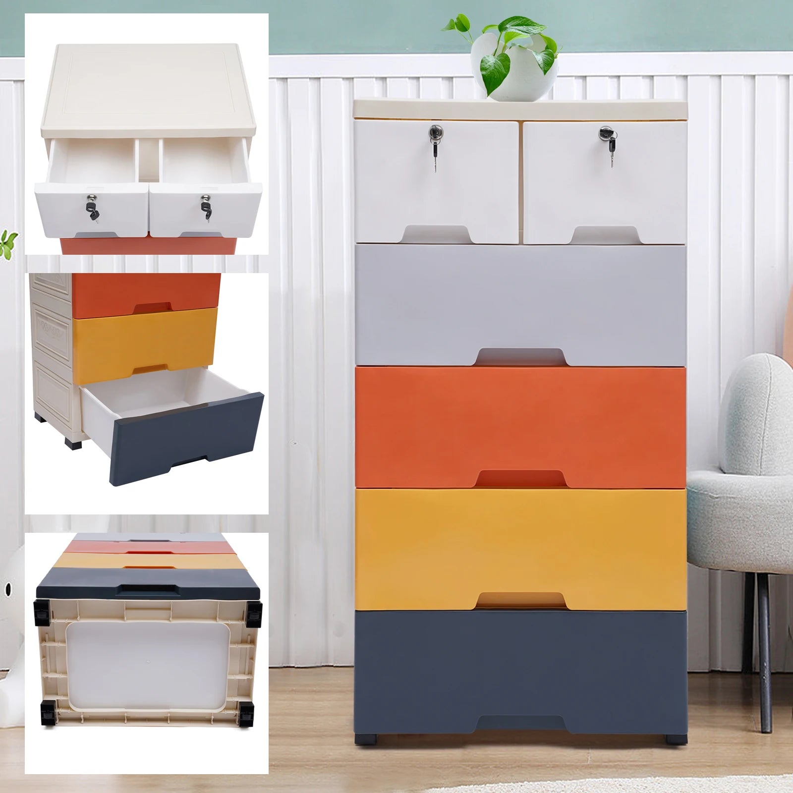 5-Tier Dresser Drawer Multi-Usage W/ Two Locks Bedroom Plastic Clothes Cupboard