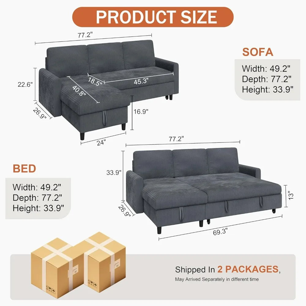 Vongrasig L Shaped Convertible Sofa Bed Pull Out Couch Storage Chaise Corduroy Dark Grey