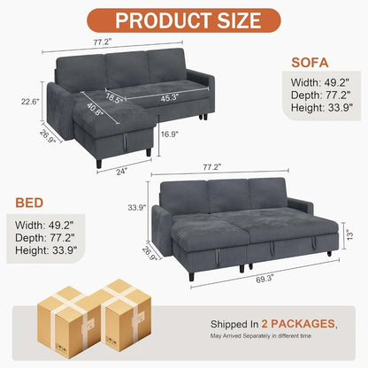 Vongrasig L Shaped Convertible Sofa Bed Pull Out Couch Storage Chaise Corduroy Dark Grey
