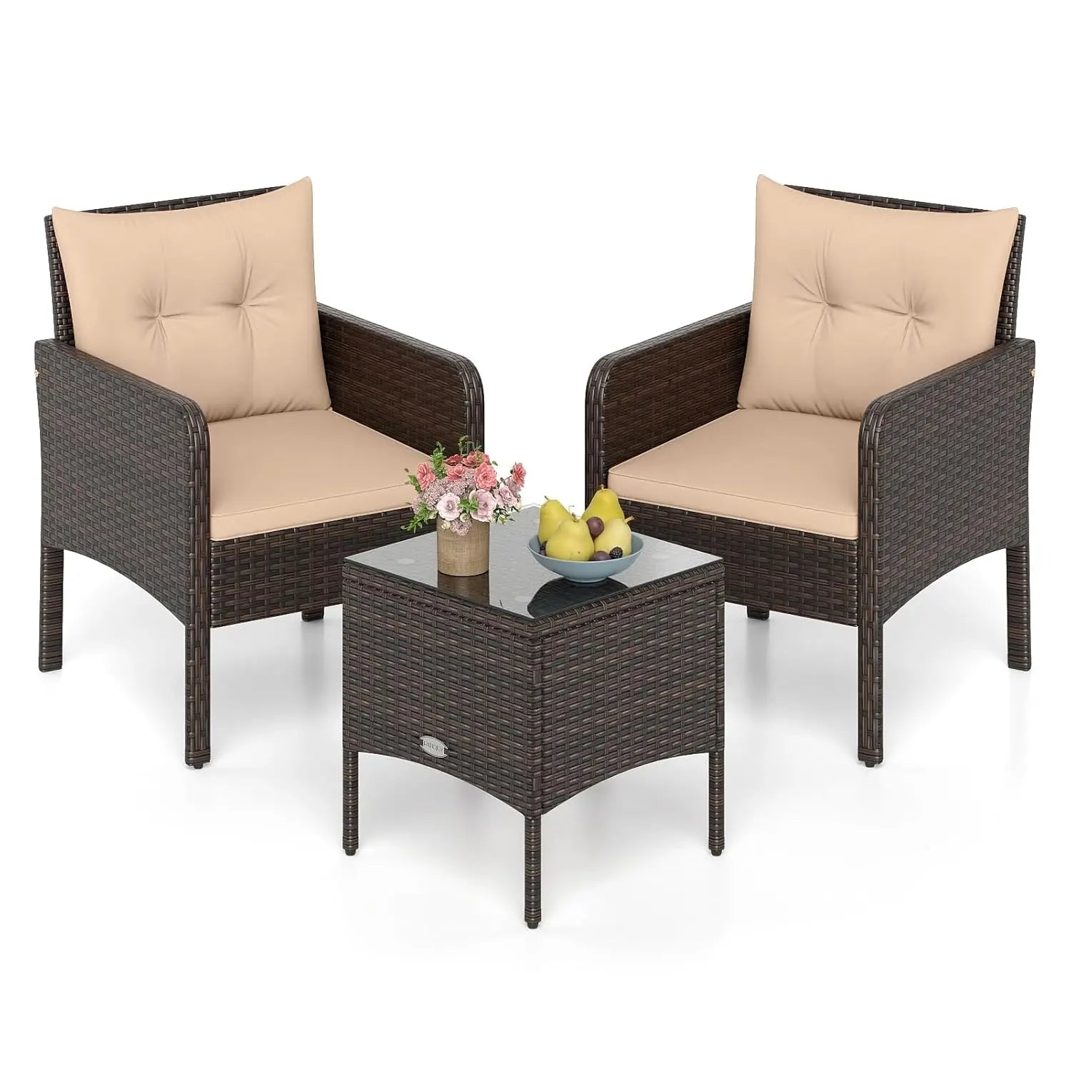3 Piece Outdoor Patio Furniture Set, Wicker Chairs Set with Glass Top Coffee Table, Thick Cushions, All Weather, Customized