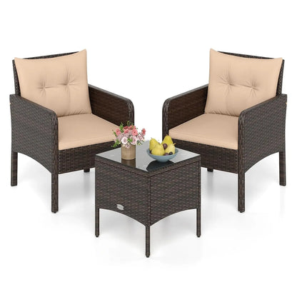 3 Piece Outdoor Patio Furniture Set, Wicker Chairs Set with Glass Top Coffee Table, Thick Cushions, All Weather, Customized