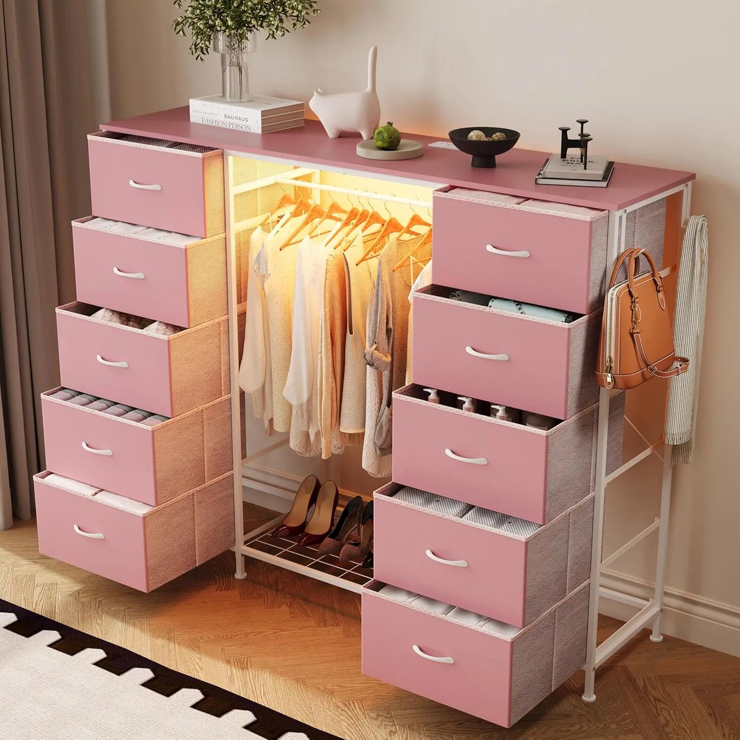 2-in-1 Dresser with Hanging Rack, 10 Drawers Dresser for Bedroom,Dressers with Fabric Drawers,LED Lights, Charging Station