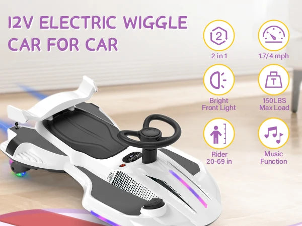【Akeleo】12V Electric Wiggle Car with Pedal, 2 in 1 Wiggle Car Ride On Toys for Kids Ages 3 and Up, Anti-Rollover Flashing Wheels