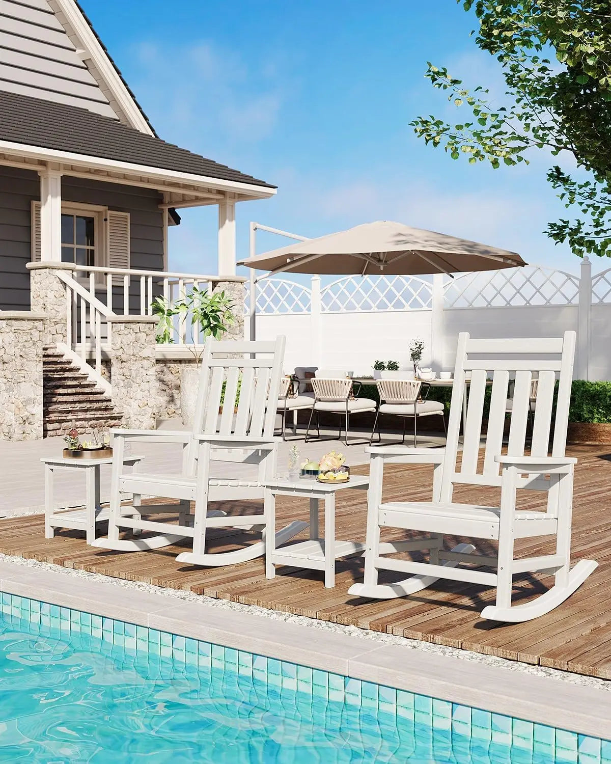 Outdoor Rocking Chairs Set of 2 with Side Table – HDPE High Back Patio Rocker, All-Weather Porch &amp; Garden Furniture