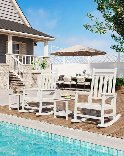 Outdoor Rocking Chairs Set of 2 with Side Table – HDPE High Back Patio Rocker, All-Weather Porch &amp; Garden Furniture