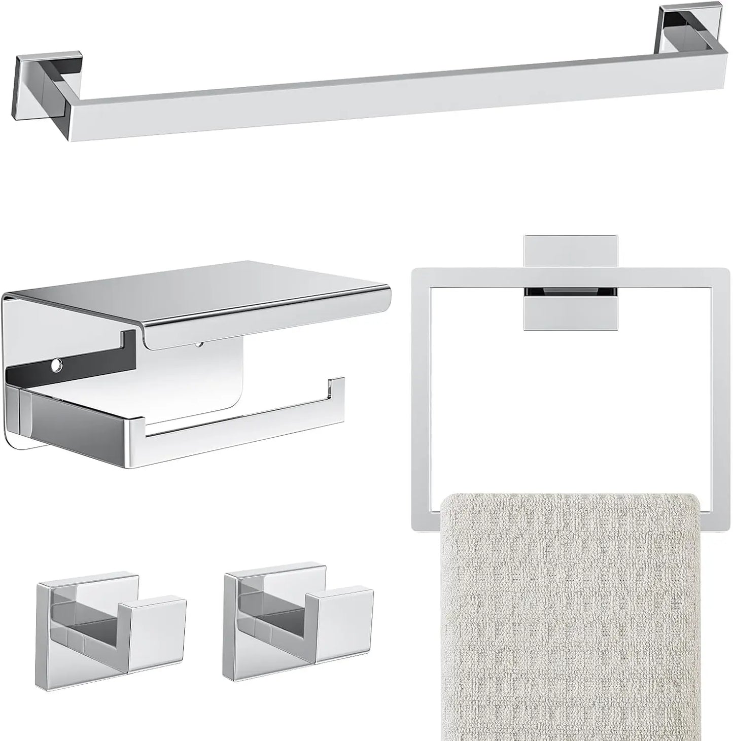 5-Piece Chrome Bathroom Hardware Set with Towel Bar, Ring, Paper Holder & Hooks - Stainless Steel & Rust-Resistant