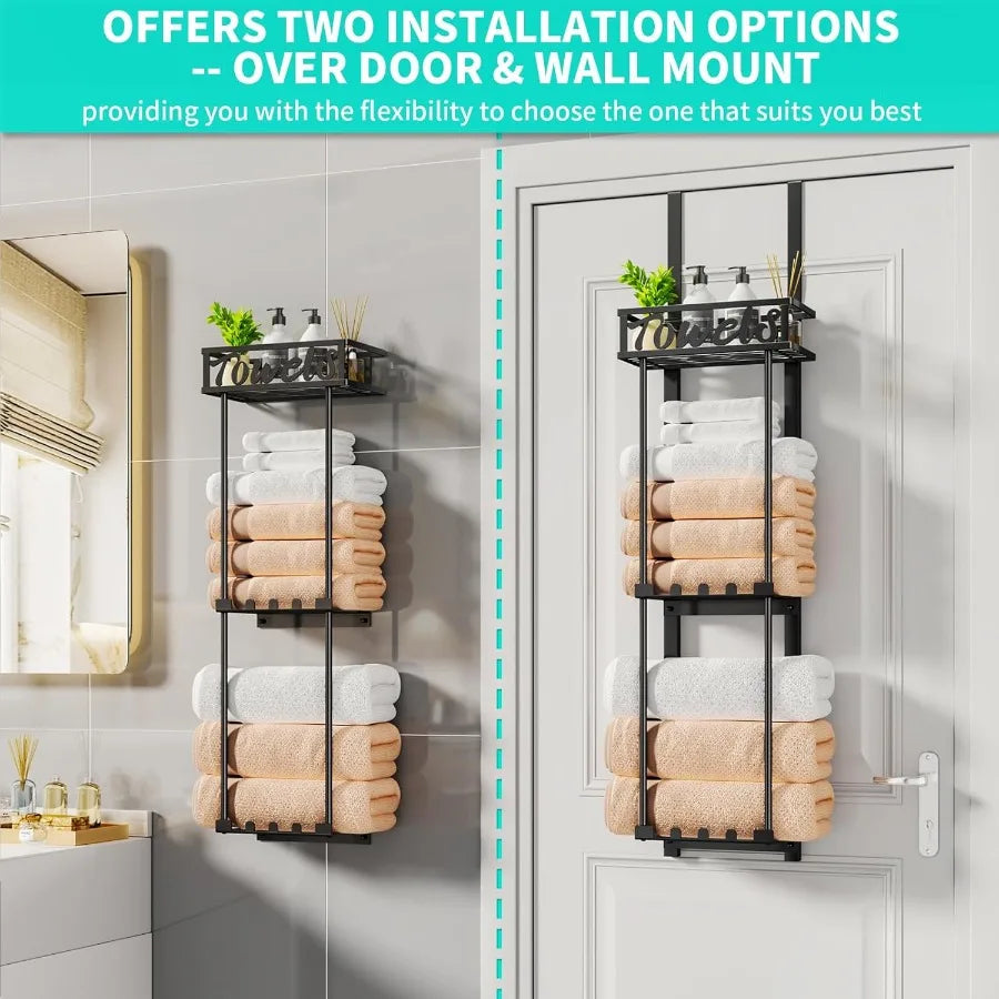 Towel Rack Bathroom Storage - 3 Tier Over The Door &amp; Wall Mounted Rolled Towel Racks Holder Organizer With Metal Shelf An