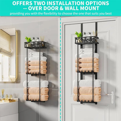 Towel Rack Bathroom Storage - 3 Tier Over The Door &amp; Wall Mounted Rolled Towel Racks Holder Organizer With Metal Shelf An