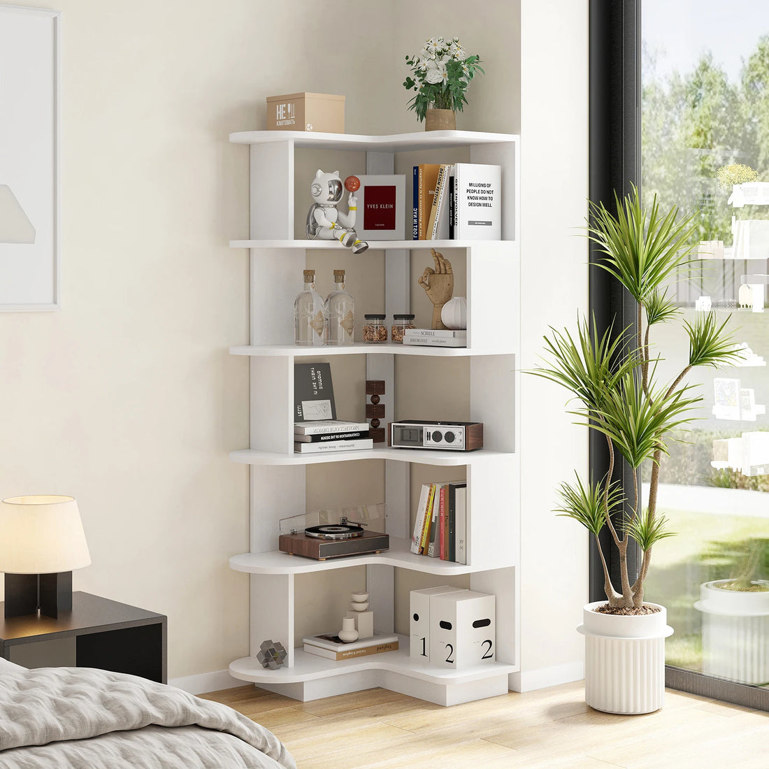 Farini 5-Tier Corner Bookshelf,L-Shaped Bookcase Freestanding Storage Shelf &amp; Display Stand for Living Room, Office, Bedroom