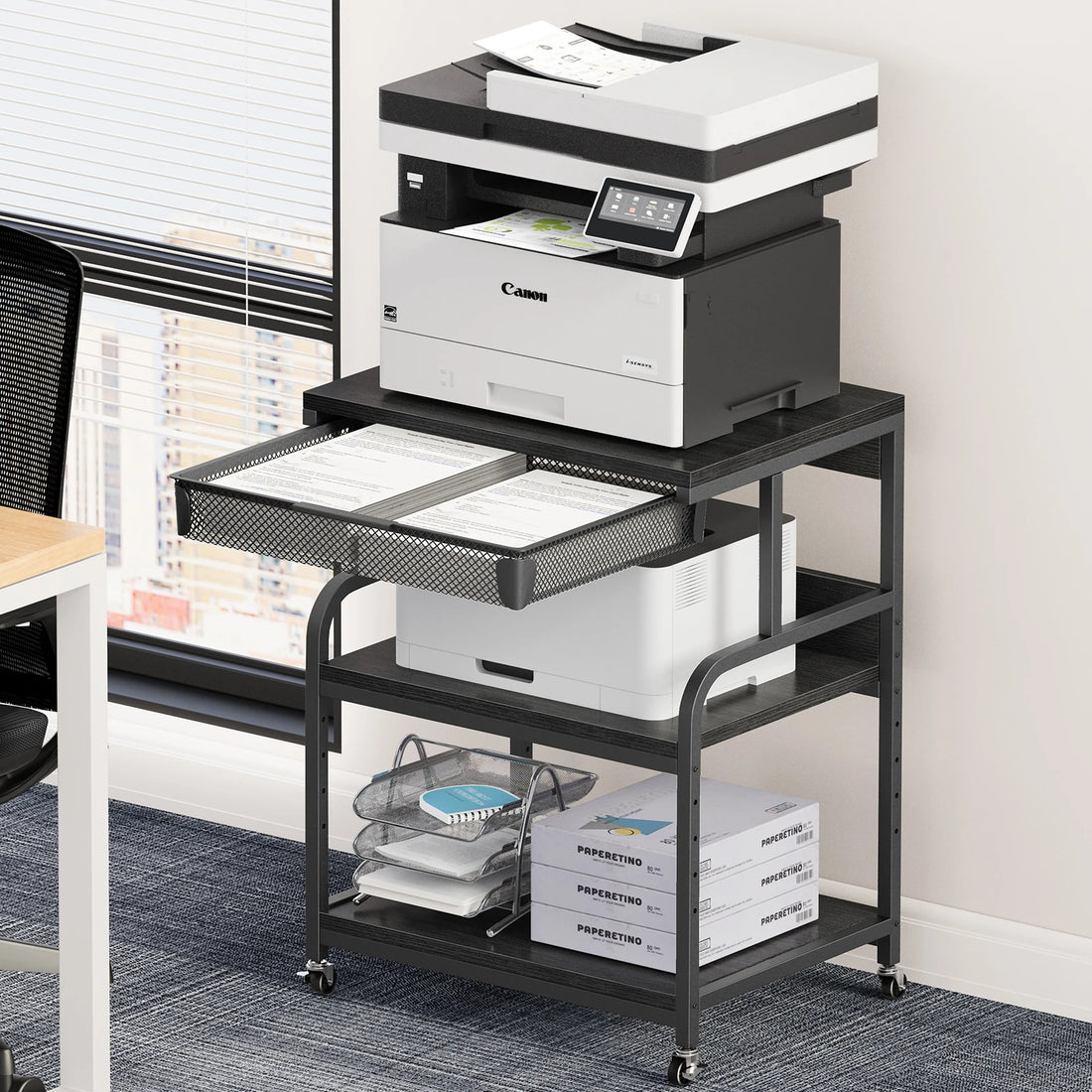 Large Printer Stand w/ Drawer, 5-Adjustable Heights 3 Tier Table w/ Wheels,Printer Cart for Printer Scanner Fax Home Office Use