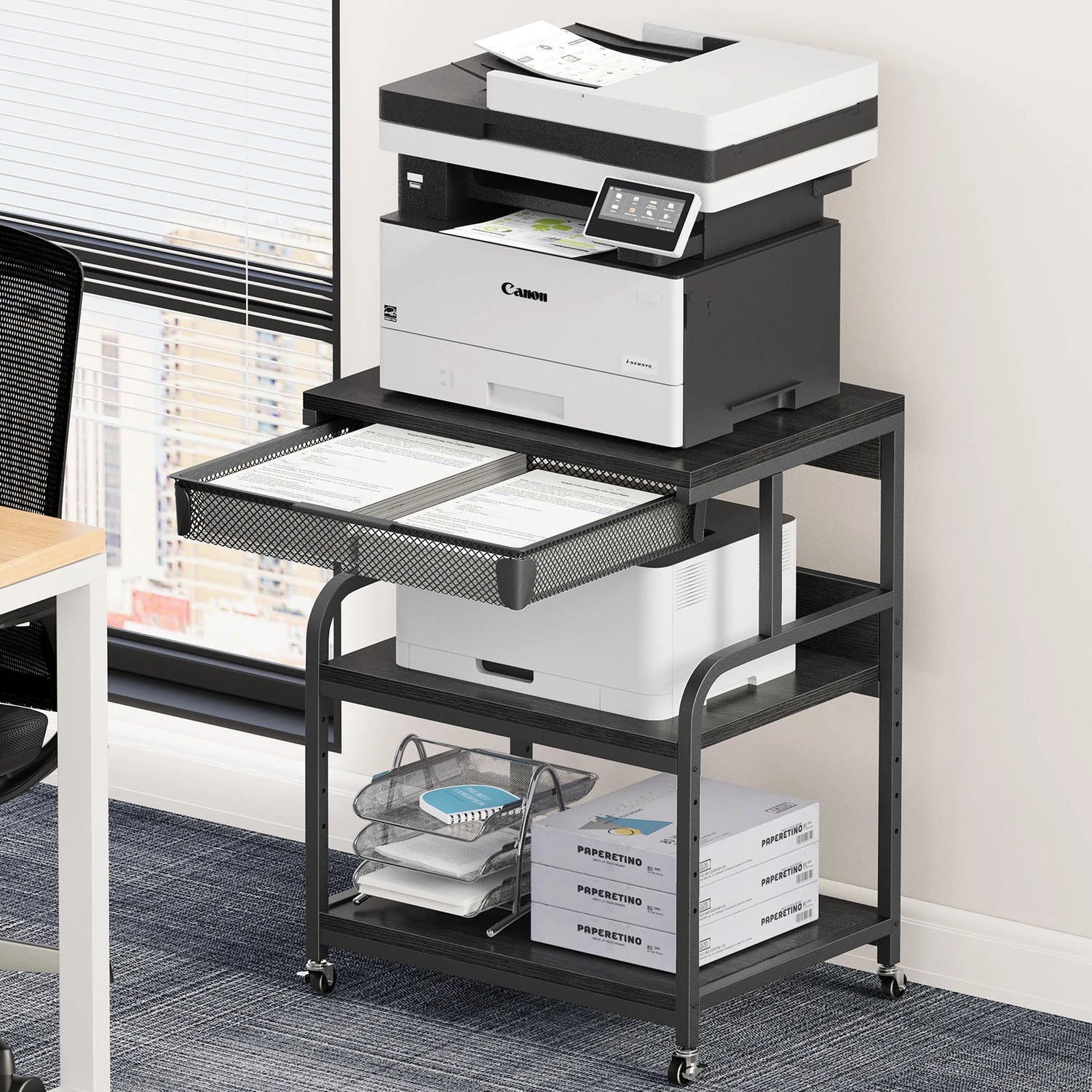 Large Printer Stand w/ Drawer, 5-Adjustable Heights 3 Tier Table w/ Wheels,Printer Cart for Printer Scanner Fax Home Office Use