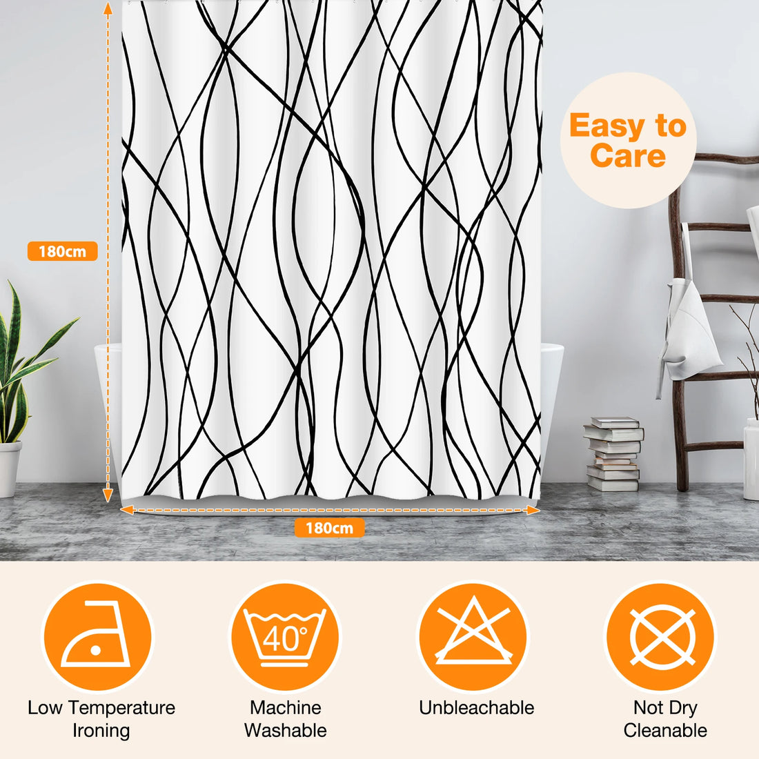 Striped Wavy Line Shower Curtain, Minimalist Waterproof Polyester Fabric Shower Curtain Set with 12 Hooks, Bathroom Decorative