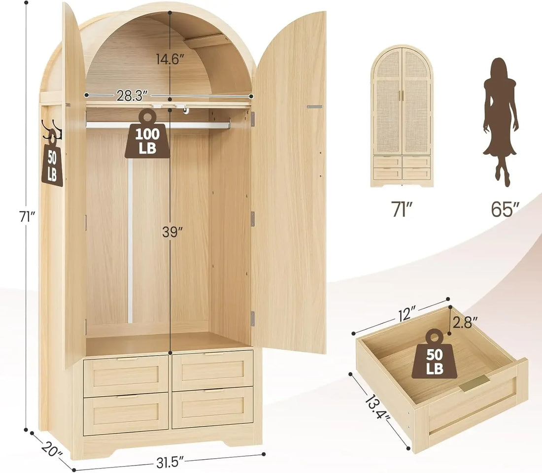 Wardrobe Closet with 4 Drawers - Wood Bedroom Armoires and Wardrobes with Rattan Doors for Hanging Clothes
