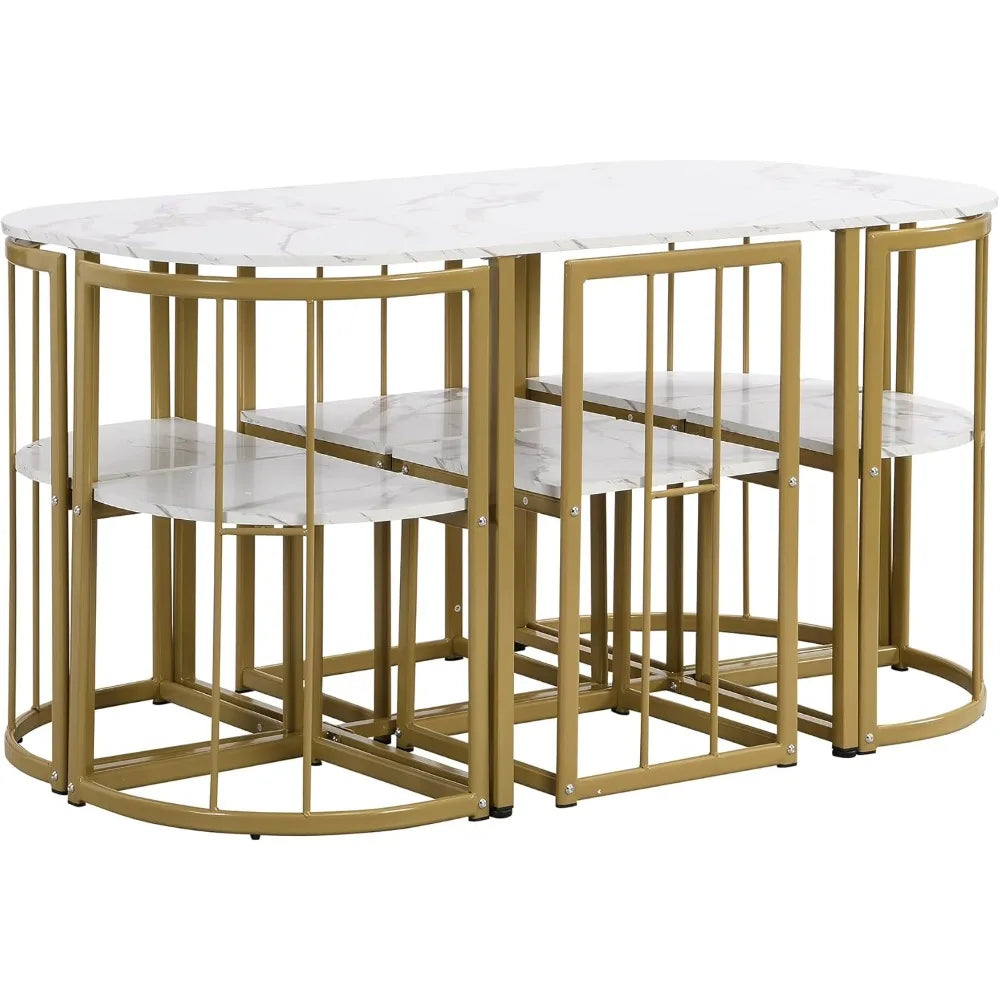 metal 7 piece kitchen dining table set with chairs for saving space metal dining room table set for 6 persons, golden white